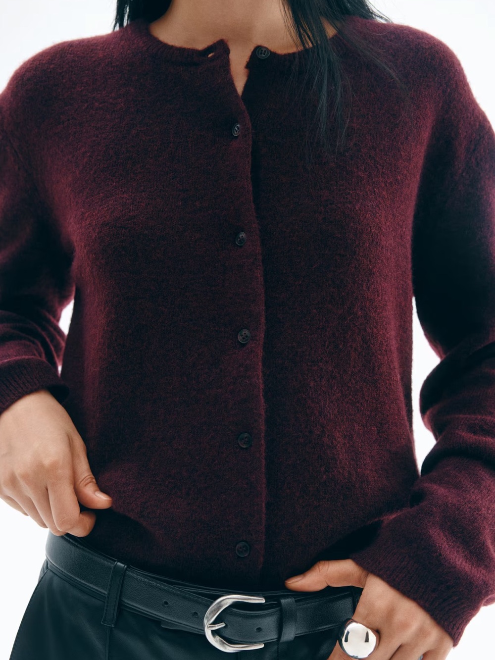 H&M Loose Fit Cardigan Burgundy M Wool Blend